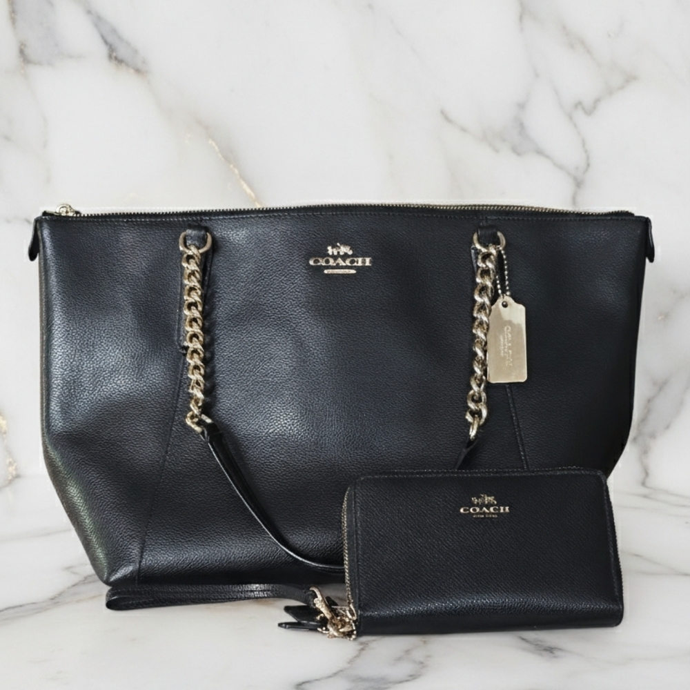 Coach Black Tote with Gold Chain Accents